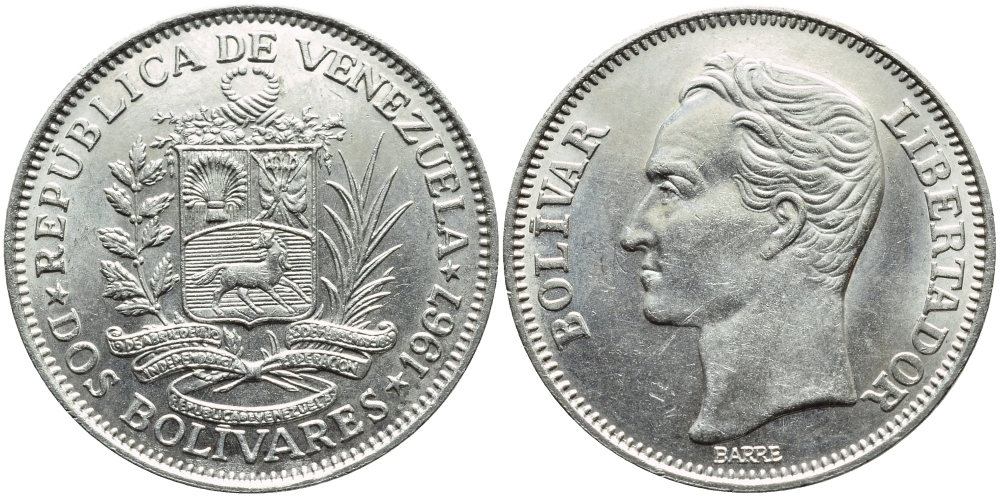 Венесуэла 2 боливара 1967 Симон Боливар KM 43 никель 4364-4345