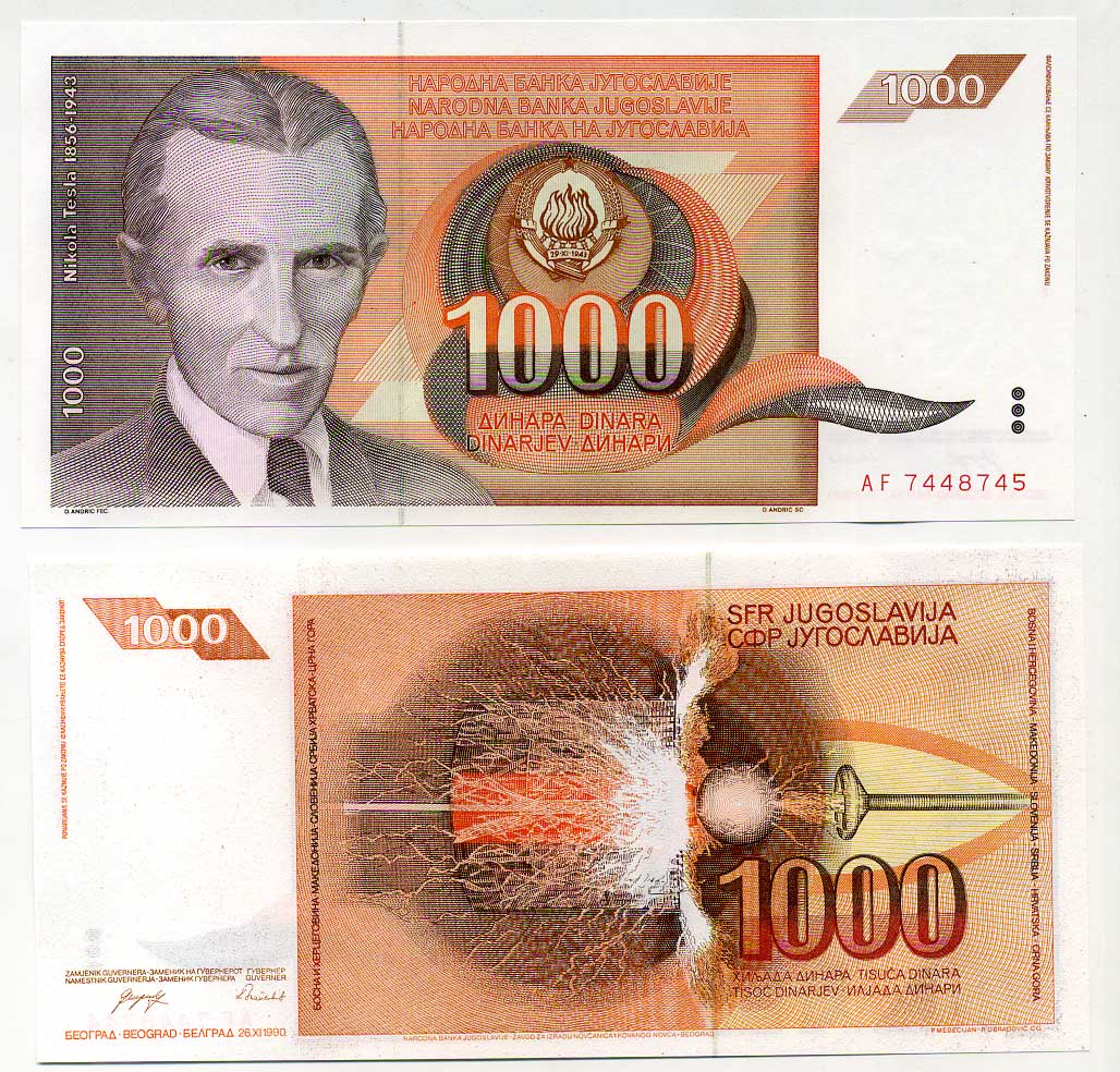 Югославия 1000 динаров 1990 Никола Тесла (1856-1943), высокочастотный трансформатор Pick 107 бумага UNC (пресс) 450-120-2