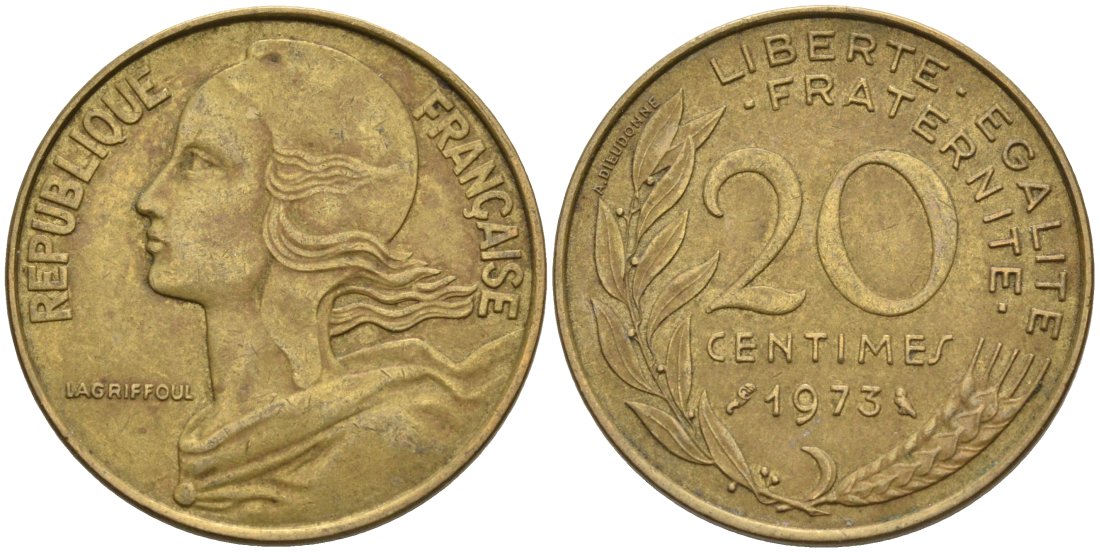 ФРАНЦИЯ 20 САНТИМОВ 1973 ТИП MARIANNE KM 930, LE FRANC 156.13 медь алюминий никель 4573-1044