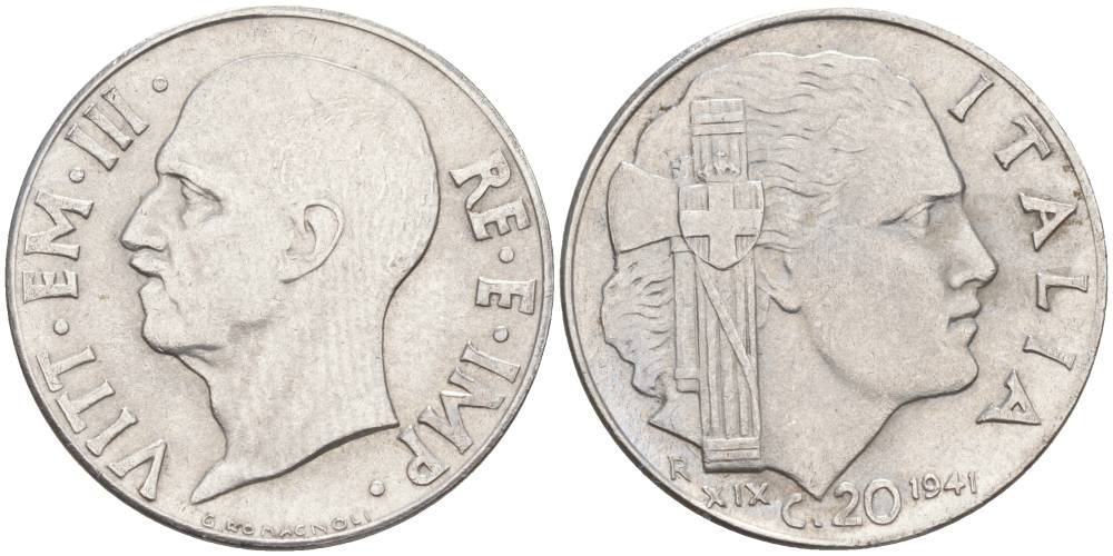 ИТАЛИЯ 20 ЧЕНТЕЗИМО 1941 R, ГОД XIX, ВИКТОР ЭММАНУИЛ III (1900-1946) KM 75b, VEM3. 1028 нержавеющая сталь 3853-721
