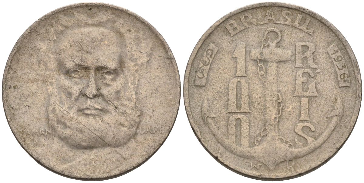 Бразилия 100 рейс 1936 Маркиз Тамандаре KM 536 медно-никель 4115-529