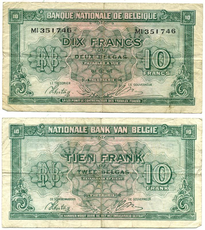 Бельгия 10 франков 1944 01 февраля 1943, король в изгнании Pick 122   бумага   435-30-2-2