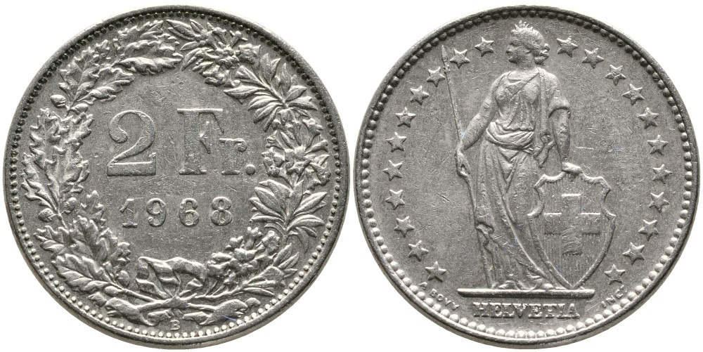 ШВЕЙЦАРИЯ 2 ФРАНКА 1968 В KM 21а.1 медно-никель 4538-133
