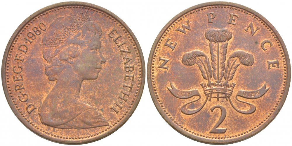 Великобритания 2 пенса 1980 Елизавета II (1952-2022) KM 916, Spink 4235 (C1) бронза UNC 77-146