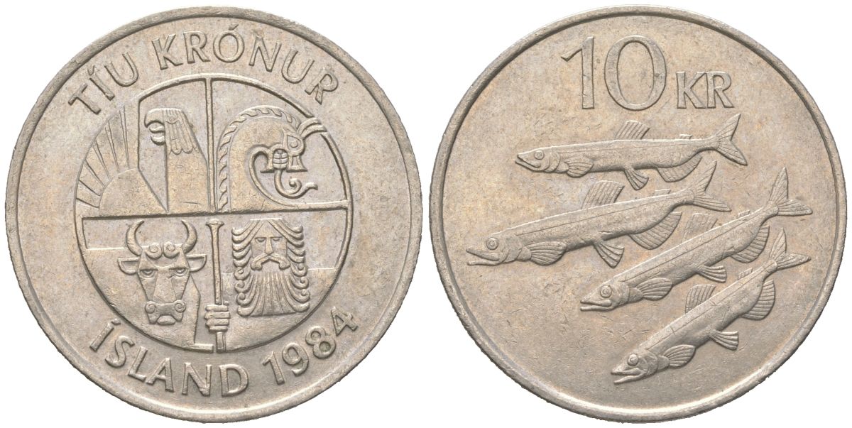 Исландия 10 крон 1984 рыбы KM 29.1 медно-никель 4364-3552
