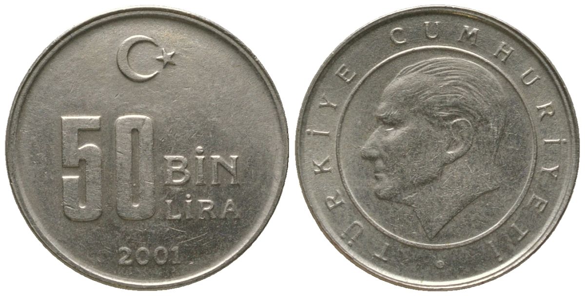 Турция 50000 лир 2001 KM 1105 медь цинк никель 4564-168