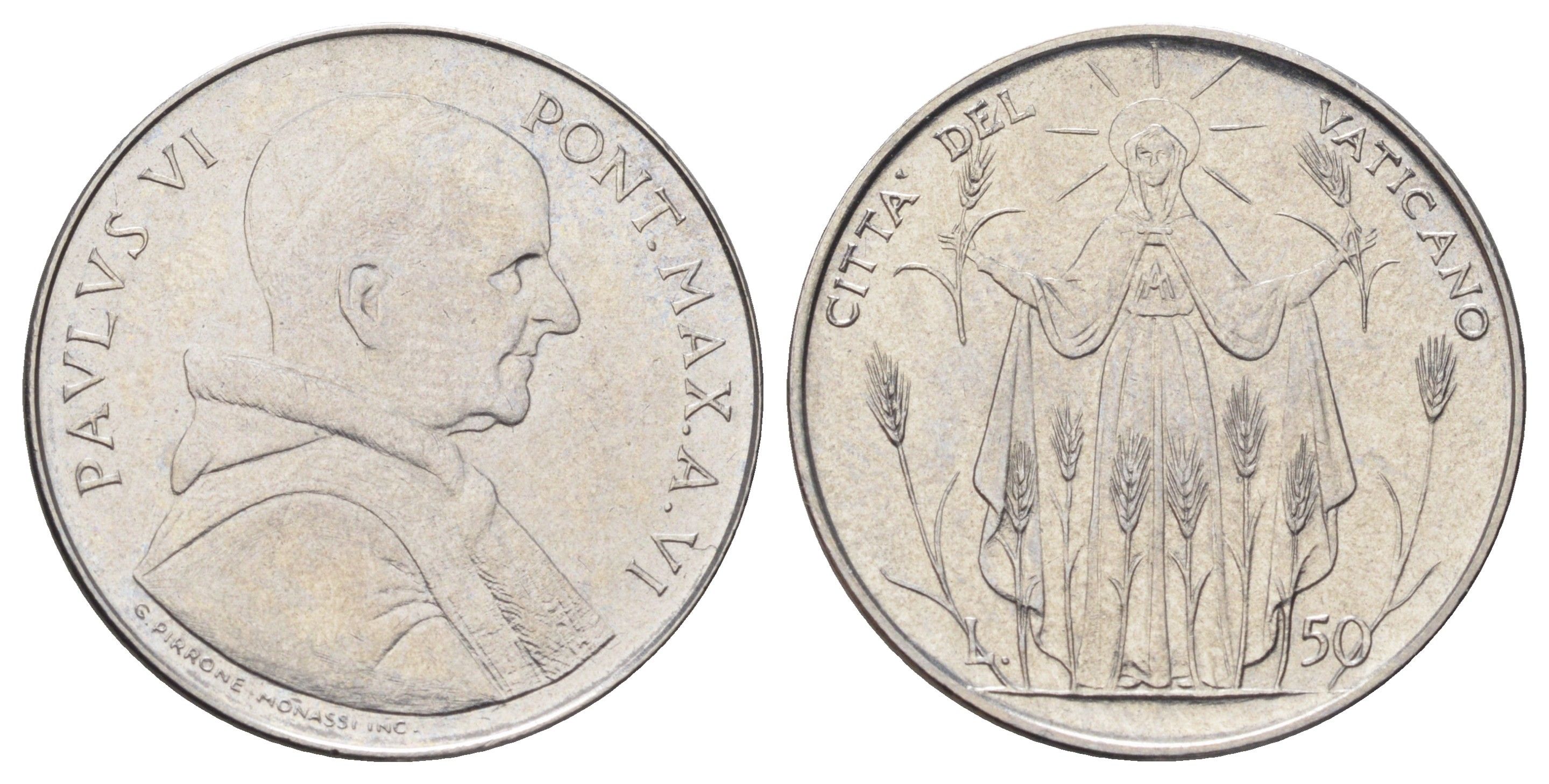Ватикан 50 лир 1968 MCMLXVIII, год-тип KM 105 нержавеющая сталь UNC 4700-636