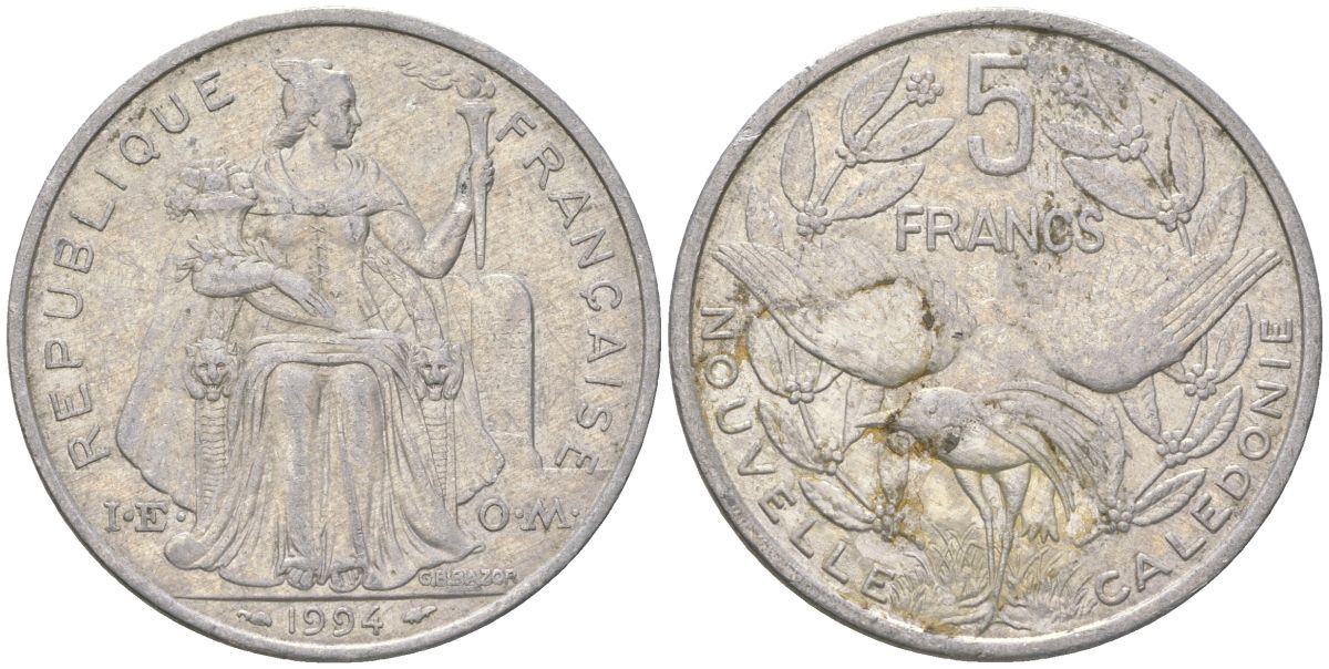 Французская Новая Каледония 5 франков 1994 птица кагу, (IEOM) KM 16, Schoen 12, Lec 81 алюминий 189-134