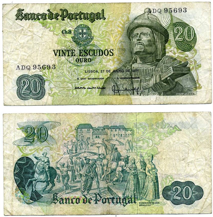 Португалия 20 эскудо 1971 27 июля 1971, Гарсия де Орта Pick 173   бумага   7203-21-1-2