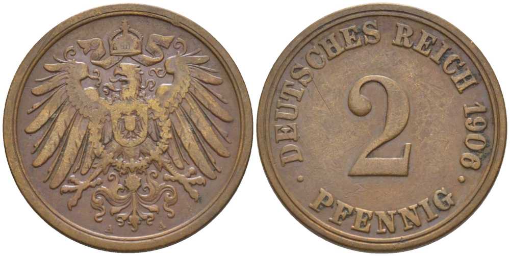 ГЕРМАНИЯ 2 ПФЕННИГА 1906 A KM 16, J. 11, Weege 4 медь 206-524