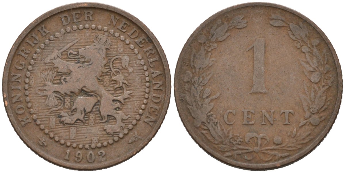 Нидерланды 1 цент 1902 Вильгельмина (1890-1948) KM 132 бронза 4576-651