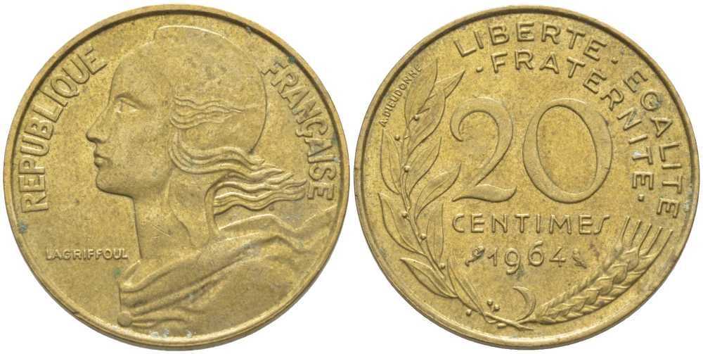 ФРАНЦИЯ 20 САНТИМОВ 1964 ТИП MARIANNE KM 930, LE FRANC 156.4 алюминиевая бронза 175-823