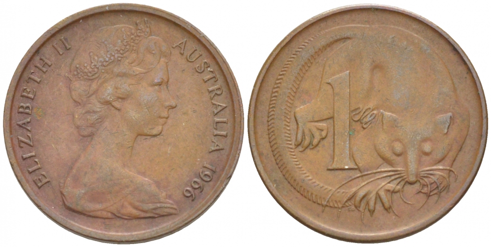 АВСТРАЛИЯ 1 ЦЕНТ 1966 ЕЛИЗАВЕТА II, МОЛОДОЙ ПОРТРЕТ, ОПОССУМ КМ 62 бронза 4532-514