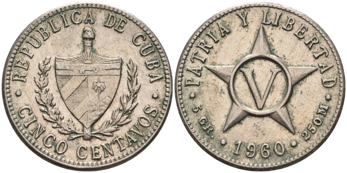 Куба 5 сентаво 1960 звезда, республика (1915-1961) KM 11.3 медно-никель 175-1045