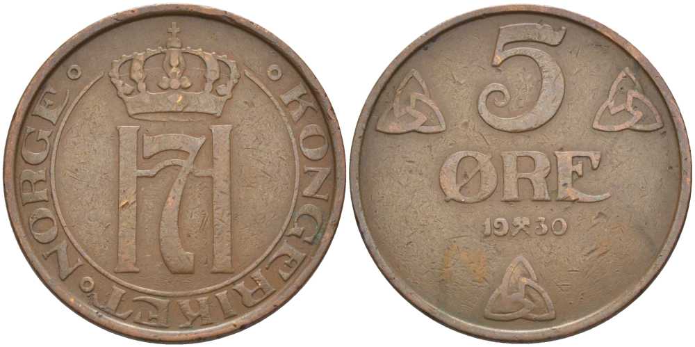 НОРВЕГИЯ 5 ЭРЕ 1930 ХОКОН VII (1905-1957) KM 368 бронза 115-812