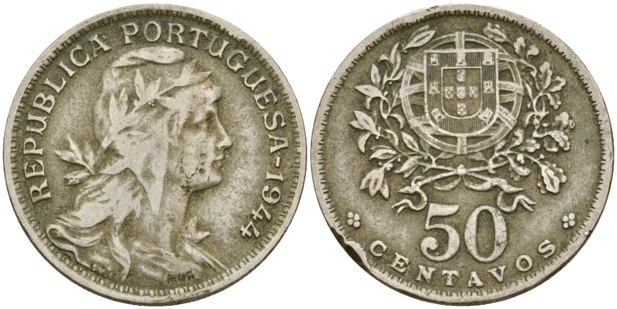 Португалия 50 сентаво 1944 KM 577 медно-никель 4172-342