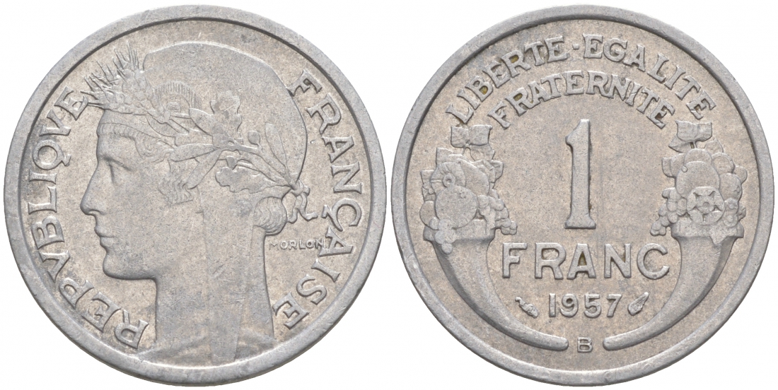 ФРАНЦИЯ 1 ФРАНК 1957 KM 885а.1 алюминий 186-325