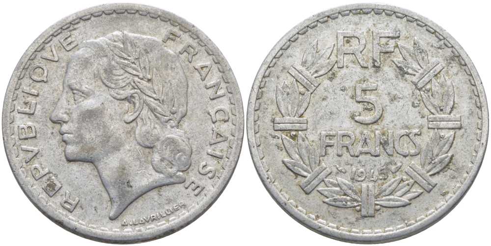 ФРАНЦИЯ 5 ФРАНКОВ 1945 9 ОТКРЫТАЯ KM 888b.1, LE FRANC 339.3 алюминий 111-1124