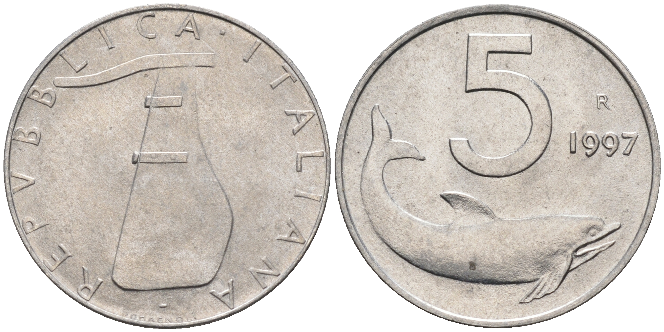 Италия 5 лир 1997 R, дельфин KM 92 алюминий  UNC  4594-636