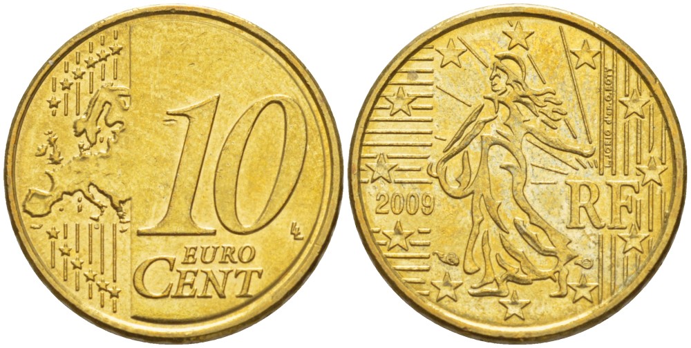Франция 10 евроцентов 2009 KM 1410 латунь 216-1154