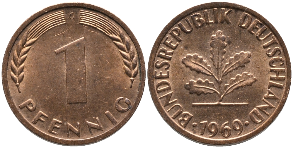 ФРГ 1 пфеннига 1969 G KM 105, J. 380 сталь плакированная медью UNC 99-1255