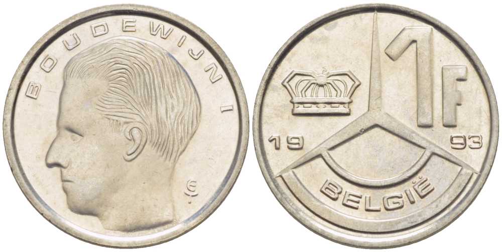 БЕЛЬГИЯ 1 ФРАНК 1993 BELGIE, БОДУЭН I (1951-1993) KM 171 железо плакированное никелем 3851-1143