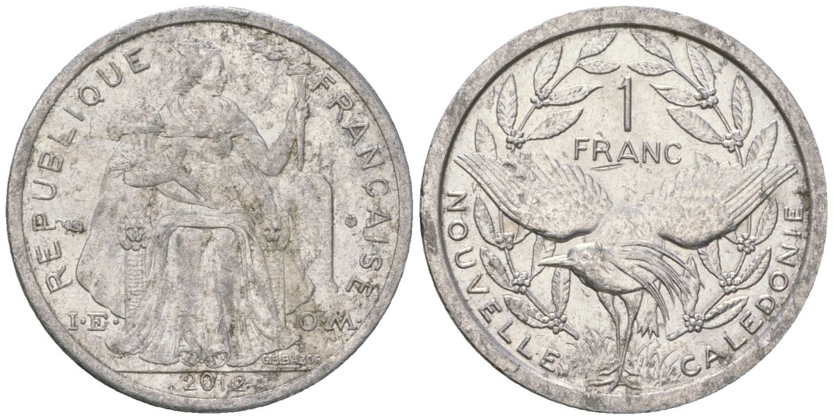 Французская Новая Каледония 1 франк 2012 птица кагу, (IEOM) KM 10, Schoen 10 алюминий 37-121