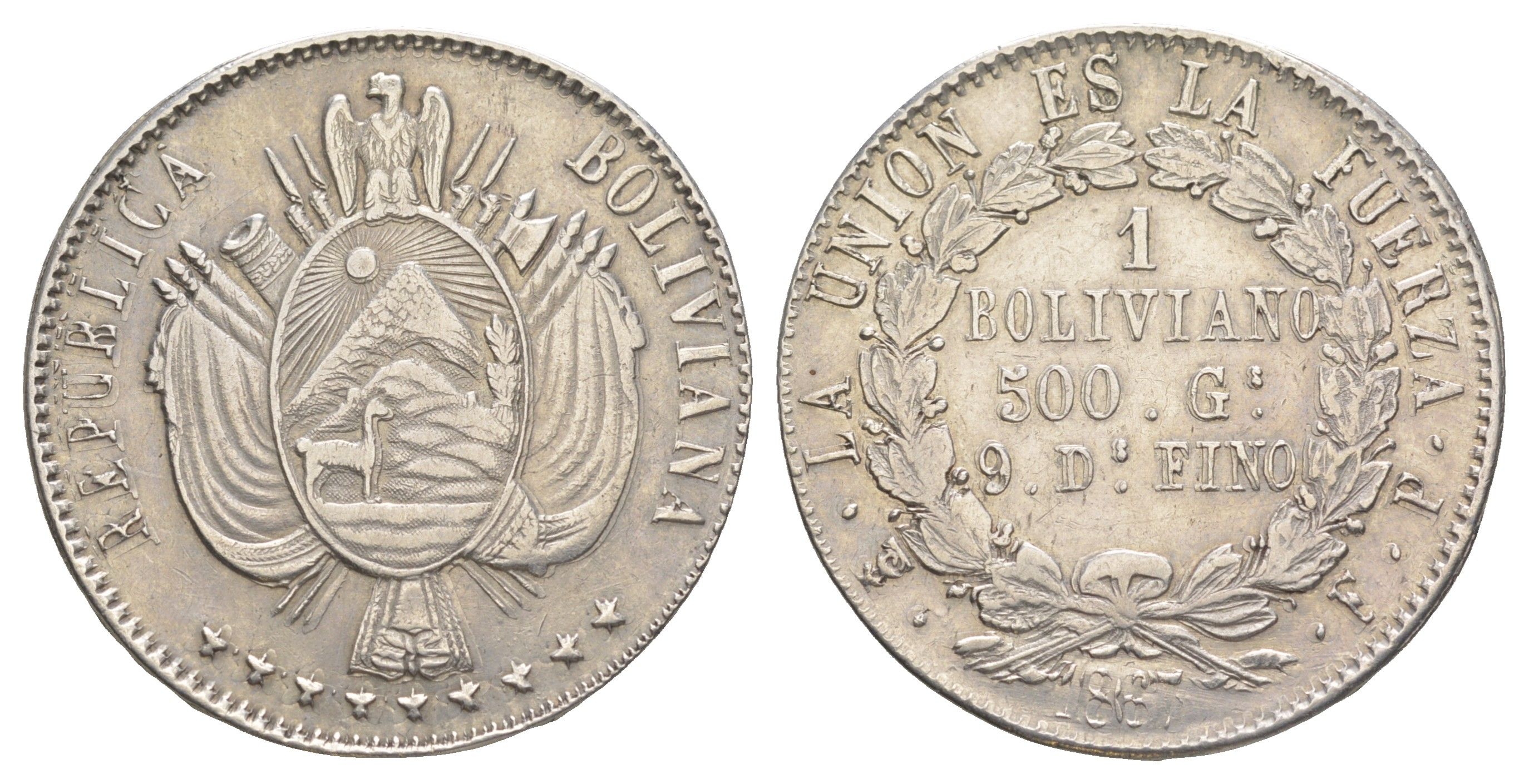 Боливия 1 боливано 1867 FP, крайне редкая разновидность - 9 звезд KM 152.1 серебро 00-814-54