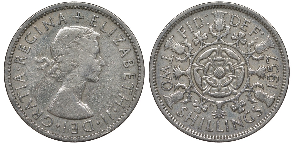 Великобритания 2 шиллинга (флорин) 1957 Елизавета II (1952-2022) KM 906, Spink 4146 медно-никель 4131-534