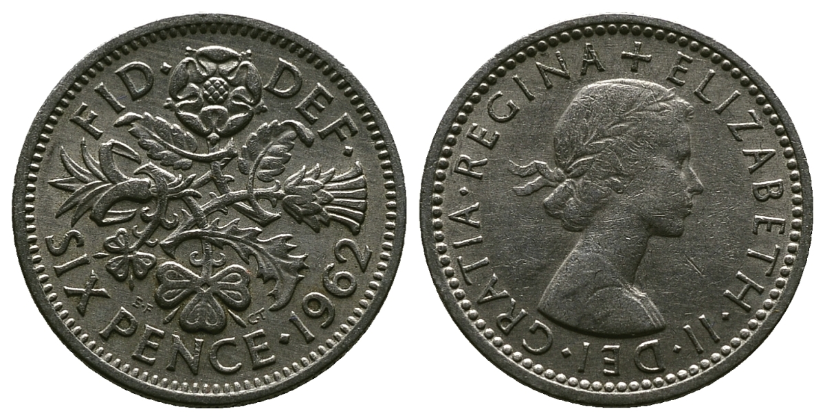 Великобритания 6 пенсов 1962 Елизавета II (1952-2022) KM 903, Spink 4149 медно-никель 4381-743
