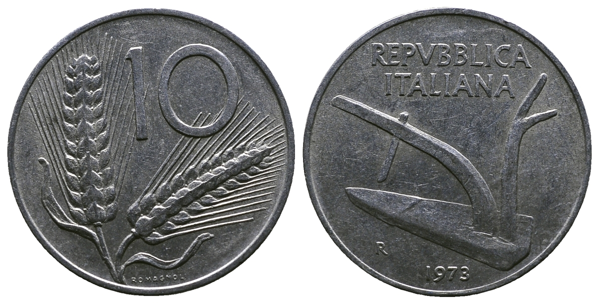 ИТАЛИЯ 10 ЛИР 1973 R, ПЛУГ, КОЛОСЬЯ KM 93 алюминий 4384-1113