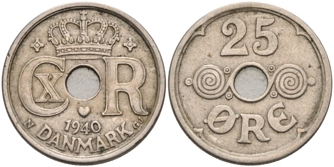 Дания 25 эре 1940 Кристиан IX (1912-1947) KM 823 медно-никель 4573-526