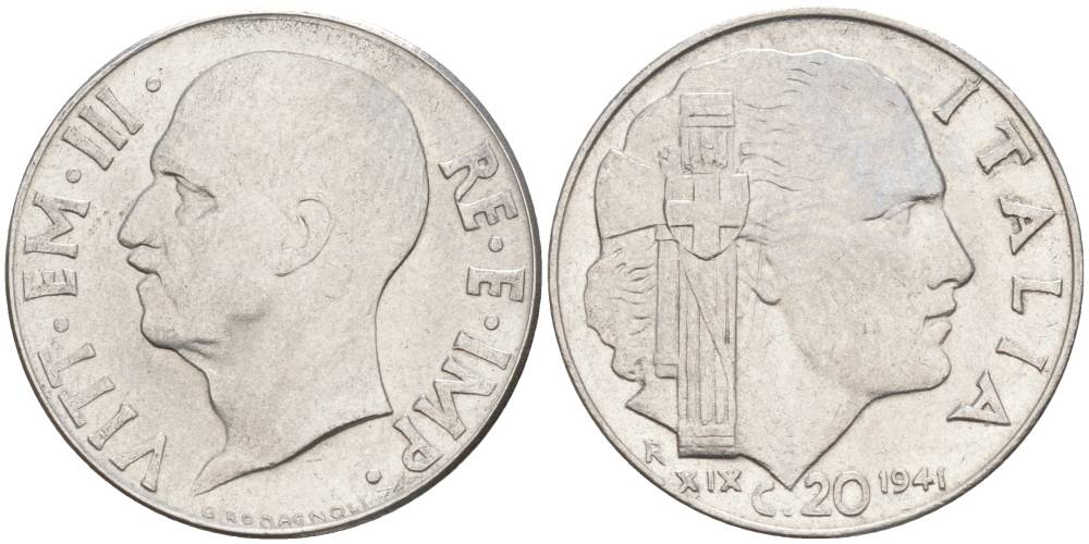 ИТАЛИЯ 20 ЧЕНТЕЗИМО 1941 R, ГОД XIX, ВИКТОР ЭММАНУИЛ III (1900-1946) KM 75b, VEM3. 1028 нержавеющая сталь 3853-723