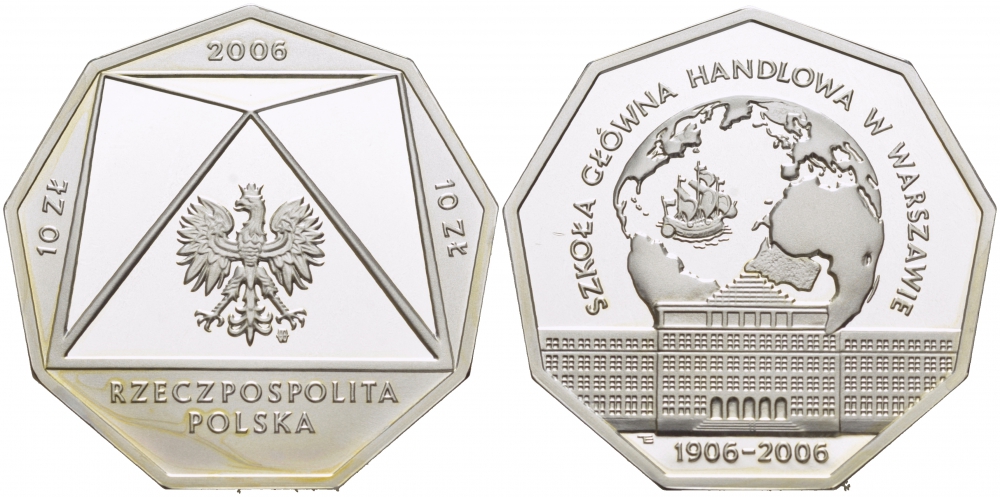 Польша 10 злотых 2006 MW, 100 лет Варшавской школы экономики, многоугольная Fischer K083 серебро PROOF 1084-7-21