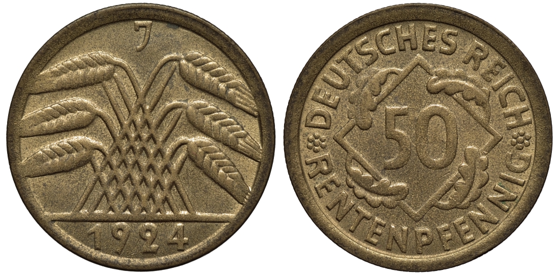 Германия 50 рентенпфеннигов 1924 J, цена по каталогу МТ 45 ев J. 310, KM 34 алюминиевая бронза 1525-322