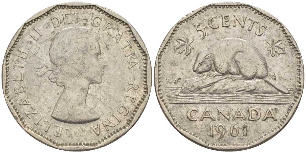 Канада 5 центов 1961 Елизавета II (1952-), бобр KM 50а никель 4606-1056