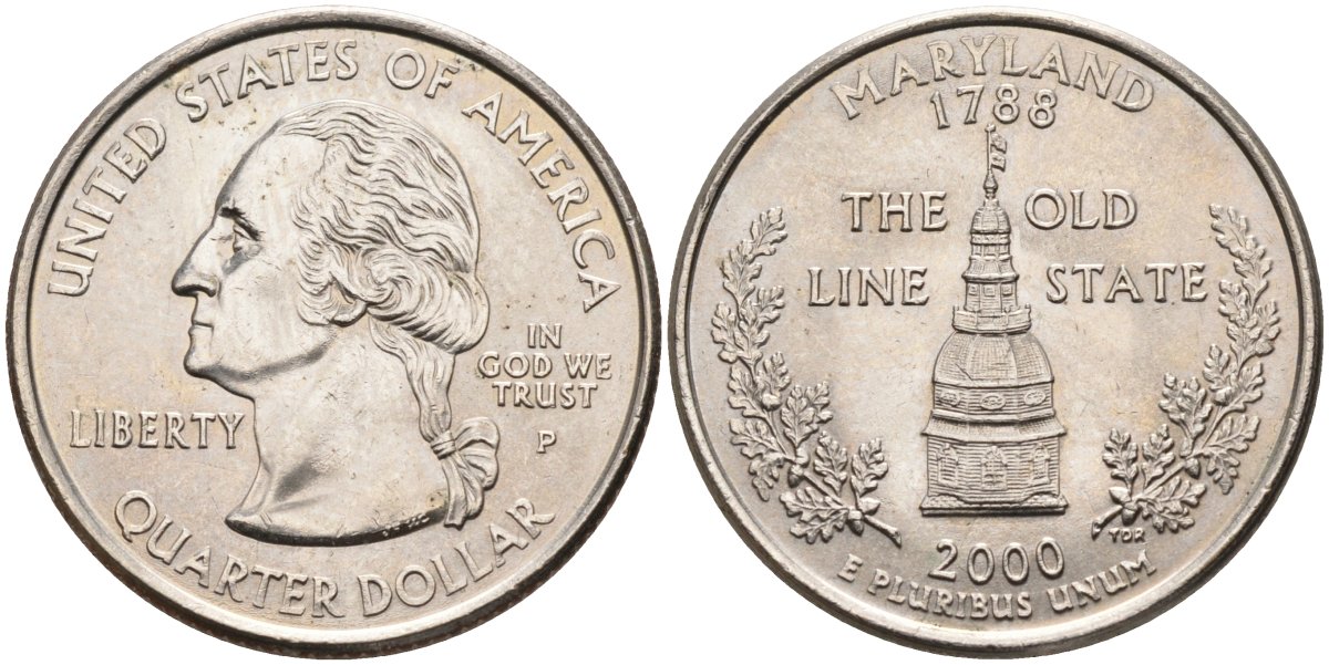 США 25 центов = квотер 2000 Р, серия штаты США, Мэриленд KM 306 медь плакированная медно-никелем 4586-126