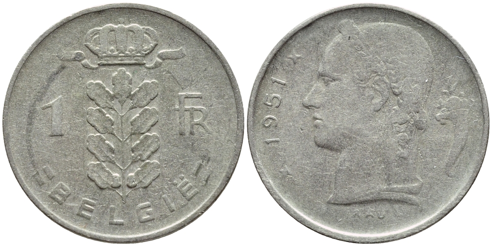 БЕЛЬГИЯ 1 ФРАНК 1951 BELGIE KM 143.1 медно-никель 4395-436