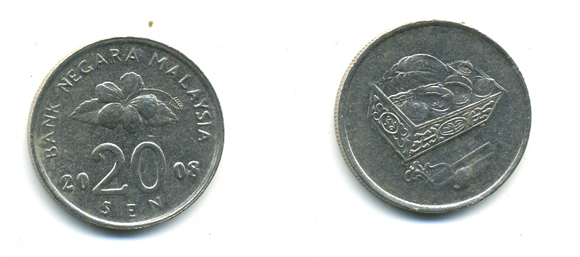 Малайзия 20 сенов 2008 цветок KM 52 медно-никель 3999-642