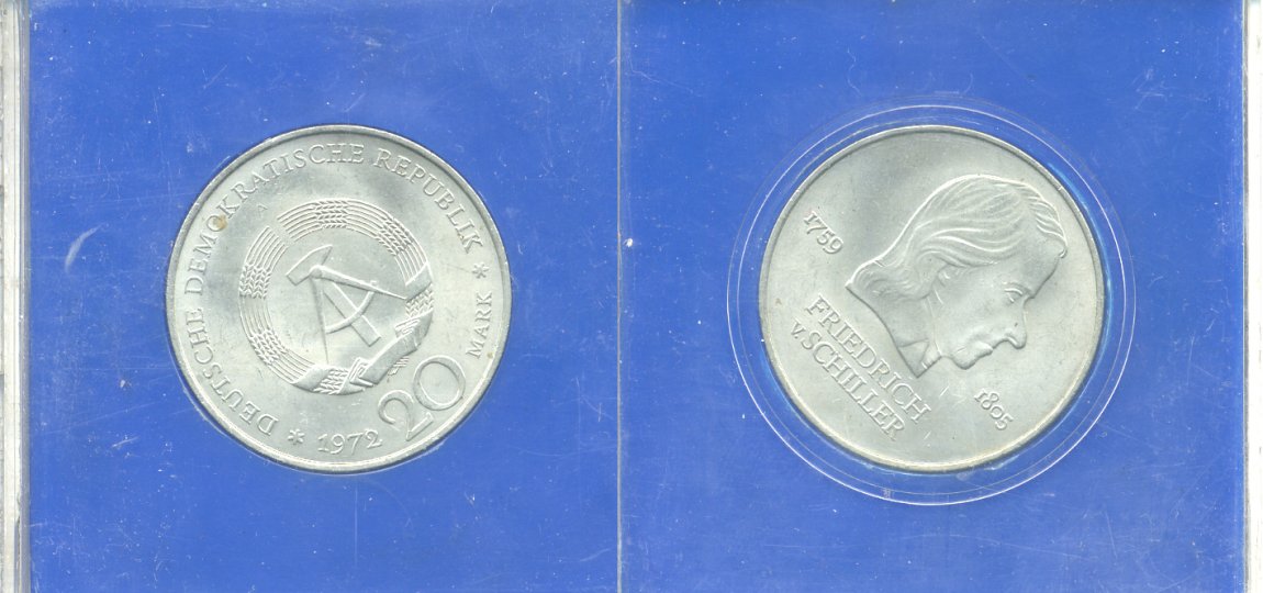 ГДР 20 марок 1972 А, Фридрих Шиллер (1759-1805) KM 40 медно-никель UNC 1-4-4-26