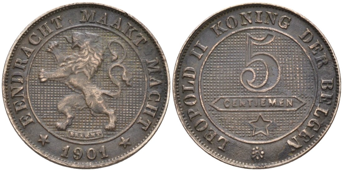 Бельгия 5 сантимов 1901 Belgen KM 45 медно-никель 188-1146