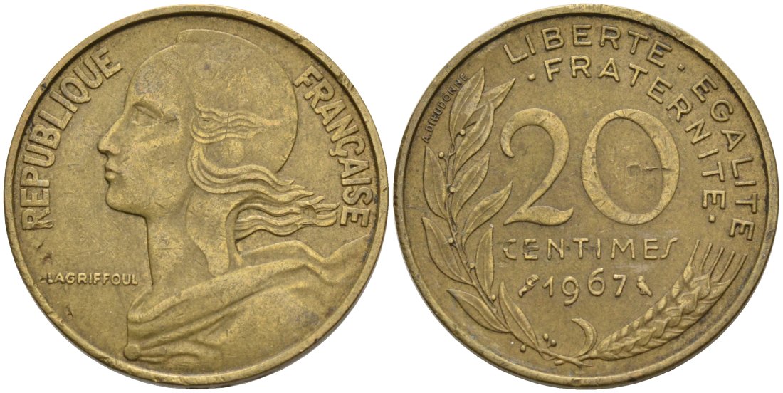 ФРАНЦИЯ 20 САНТИМОВ 1967 ТИП MARIANNE KM 930, LE FRANC 156.7 медь алюминий никель 4573-1036