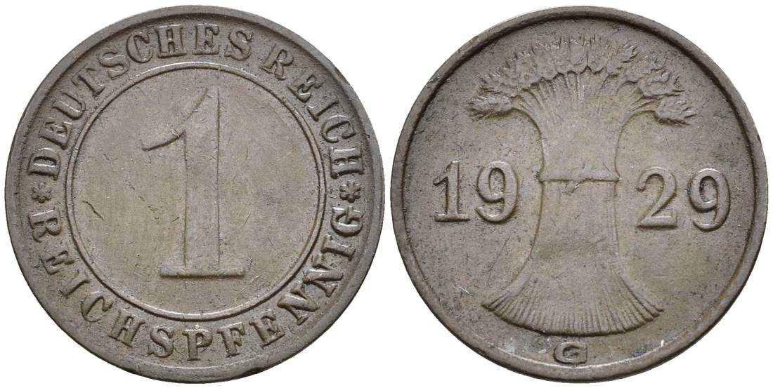 ГЕРМАНИЯ 1 РЕЙХСПФЕННИГ 1929 G KM 37, J. 313, Weege 2 бронза 4547-143