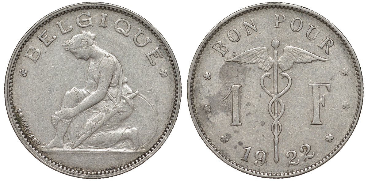 Бельгия 1 франк 1922 Belgique, Альберт I (1910-1934) KM 89 никель 51-2014