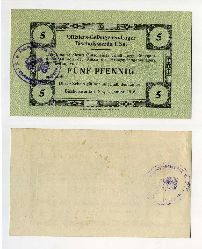 Германия 5 пфеннигов 1916 Бишофсверда в Саксонии, лагерь военнопленных офицеров и тюрьмы, в нагрузку C-2752 бумага UNC (пресс) 000-00-00