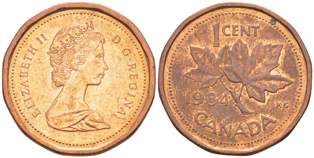 КАНАДА 1 ЦЕНТ 1984 КЛЕНОВЫЙ ЛИСТ, ЕЛИЗАВЕТА II (1953-) KM 132 бронза 66-221