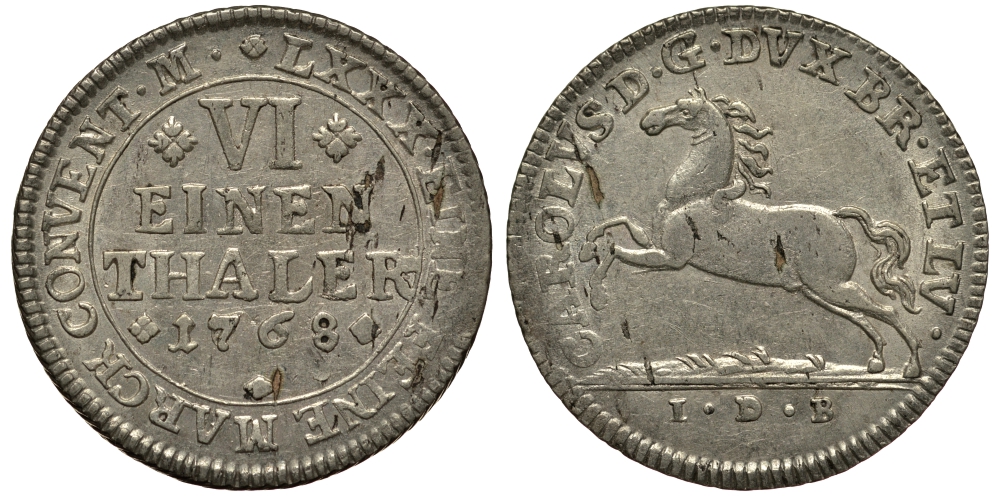 Брауншвейг-Вольфенбюттель 1/6 талера 1768 IDB, вес 5,13 гр. KM 971 серебро 413-2221