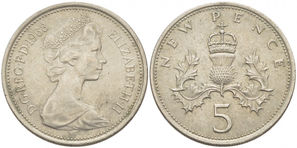Великобритания 5 пенсов 1968 Елизавета II (1952-2022) KM 911, Spink 4233 (D1) медно-никель UNC 175-1037