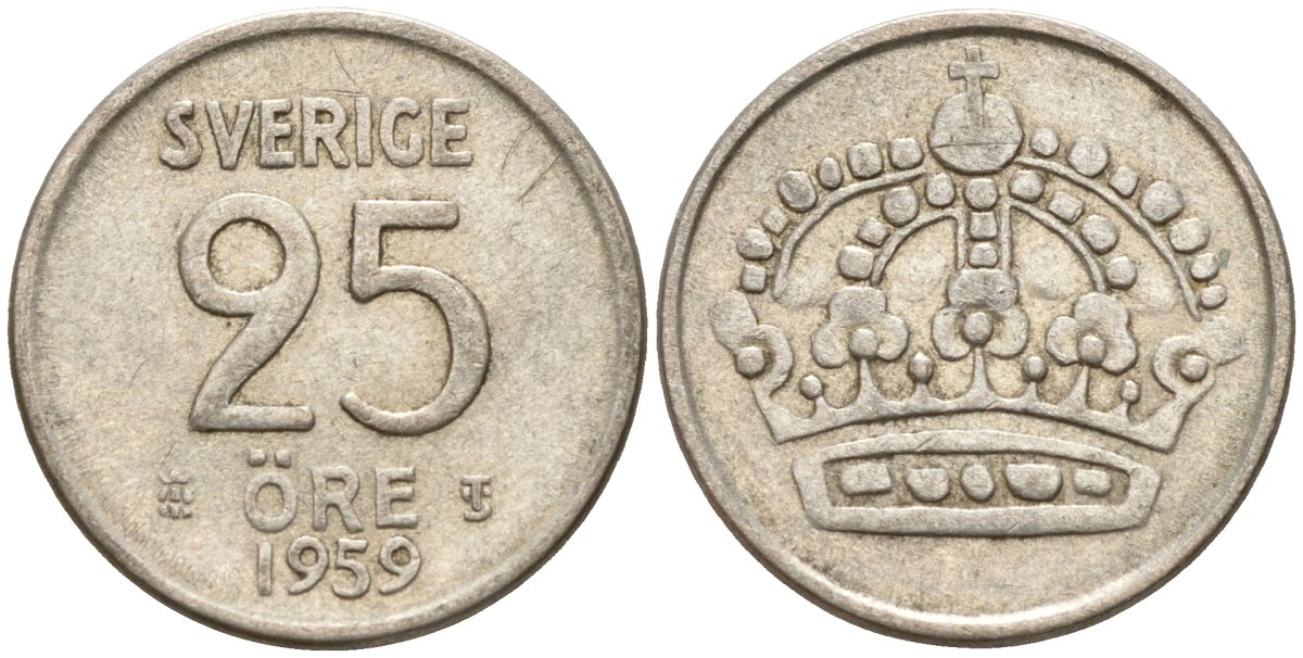 Швеция 25 эре 1959 TS, Густав VI Адольф (1950-1973) KM 824 серебро 4147-1066