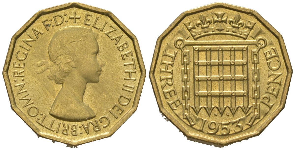 Великобритания 3 пенса 1953 Елизавета II (1952-2022) KM 886, Spink 4152 никель латунь UNC 4163-811